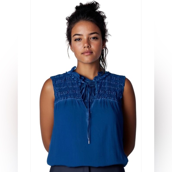 FREE PEOPLE Womens Ruffle Me Up Smocked Tie Tank Drawstring Sleeveless Blue Med - Picture 2 of 11